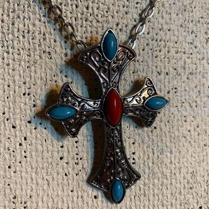 Gorgeous vintage silver cross pendant with red and blue stones